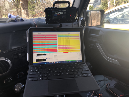 Interior of Jeep with IC-705 and Surface Go 2.
