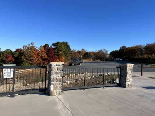 The empty parking lot at the top of Pilot Mountain with my Jeep in it.