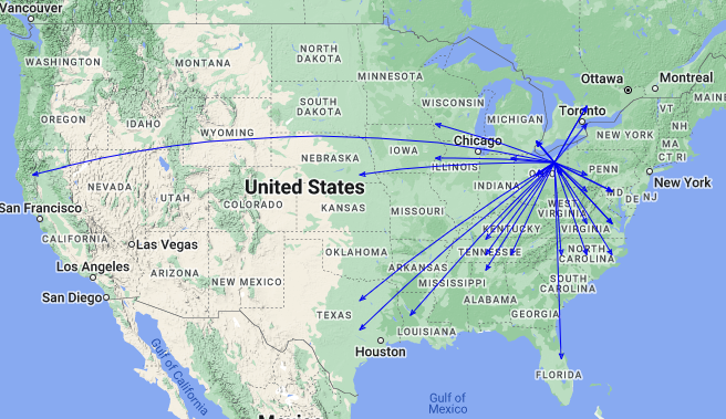 Map of QSOs for KC8JC's activation of K-0020 on 15-Oct-2022.