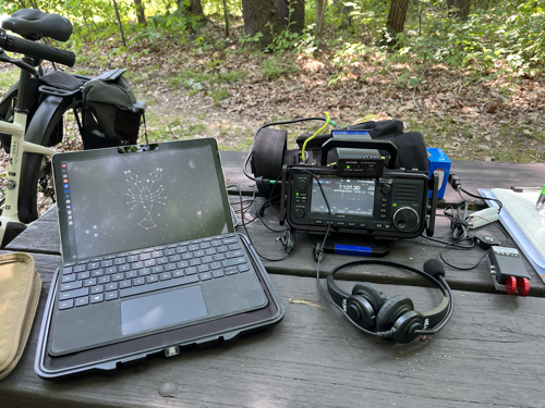 Surface Go 2 tablet next to IC-705 with tuner, headset, and CW Morse paddles.