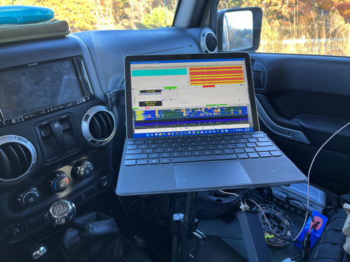 Tablet set up in a very cramped Jeep for an uncomfortable portable operation in North Carolina.