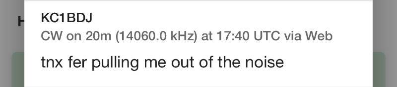 A screenshot of the POTA web app showing a message from KD1BDJ that reads: tnx fer pulling me out of the noise.