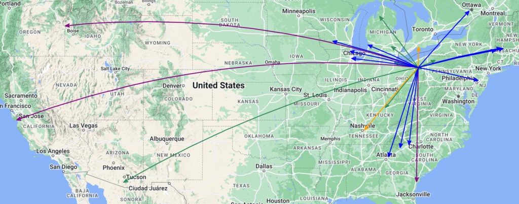 The QSO Map of the activation of K-1999 by KC8JC on 03-Feb-2024.