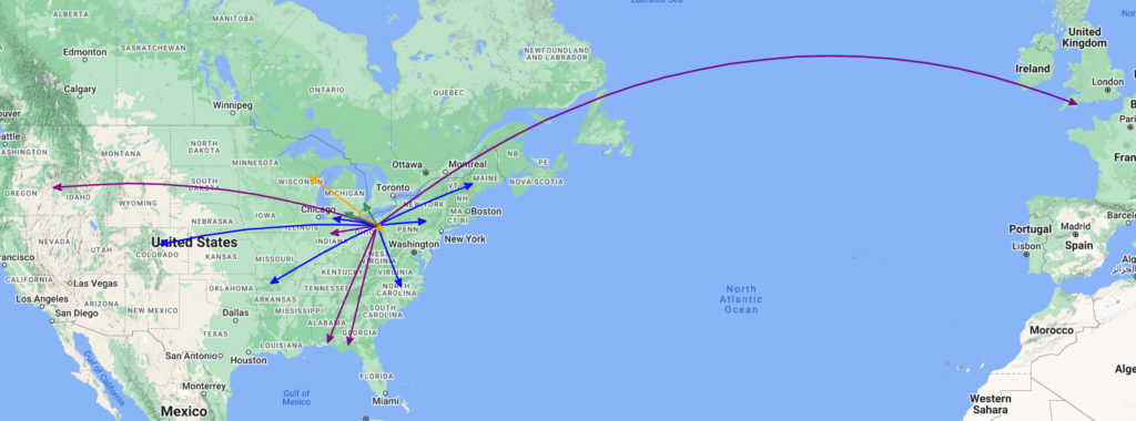 The QSO Map of the activation of K-1999 by KC8JC on 04-Feb-2024.