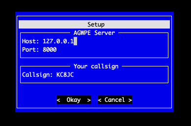 The Paracon setup window asking for Host, Port, and Callsign.