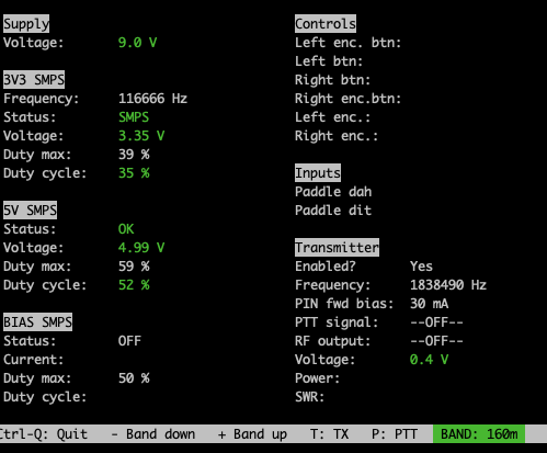 The diagnostic screen showing the current status of the QMX+ and its interfaces.