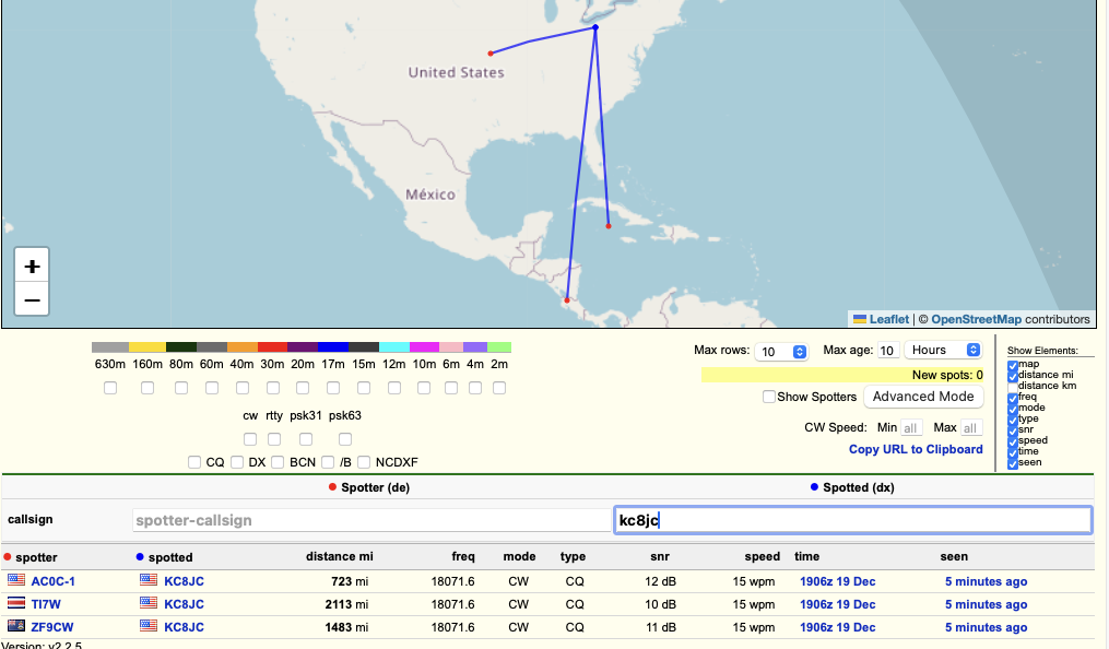 Reverse Beacon Network showing KC8JC heard by three stations.