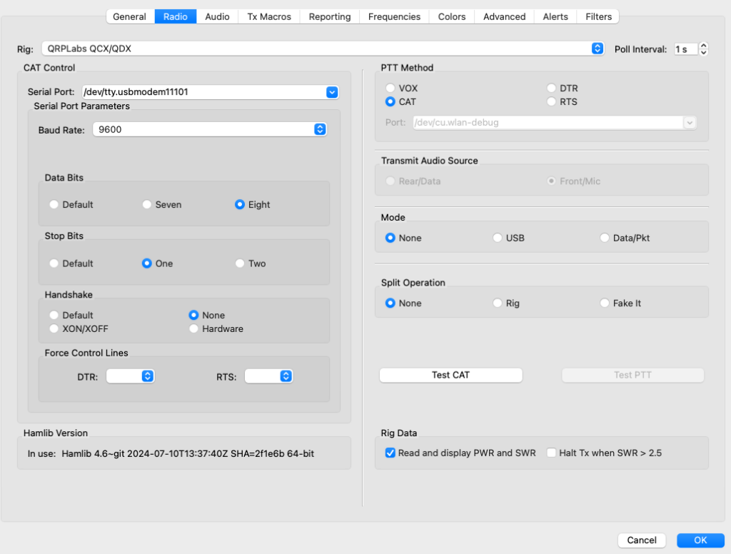 The WSJT-X rig configuration tab with settings.