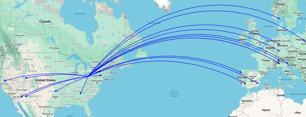 QSO Map of Freeze Your Acorns Off 2025 contacts made by AC8NT and KC8JC.