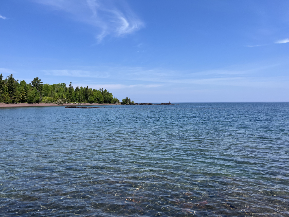 A teenage girl waving her arms from a good distance across the water. She is not visible without assistance. And she CANNOT see Canada from there.
