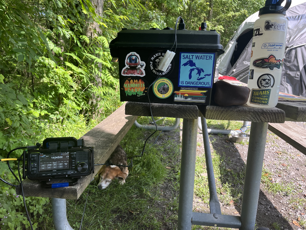 IC-705 on a picnic table bench, battery box, water bottle, and Radio Beagle under the table.
