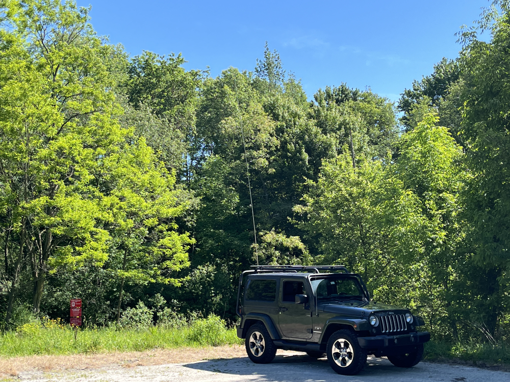 Jeep with a tall whip on the rear.