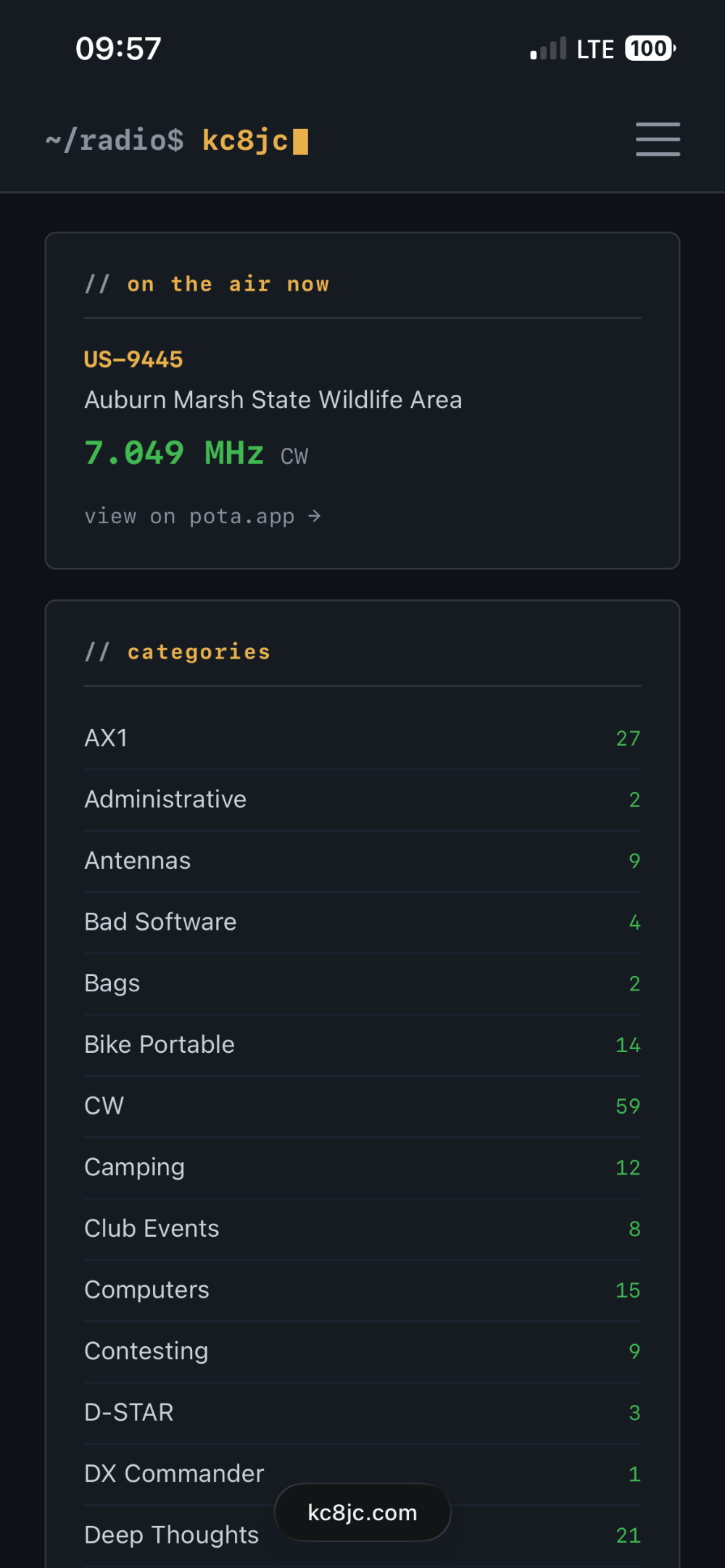 KC8JC Blog Widget showing my POTA entity, Frequency, and Mode.