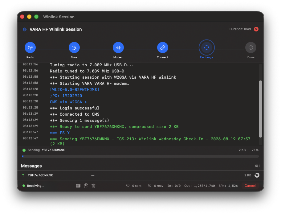 A session window that shows the back and forth between the server and the local station. Items are time stamped and color coded for clarity.
