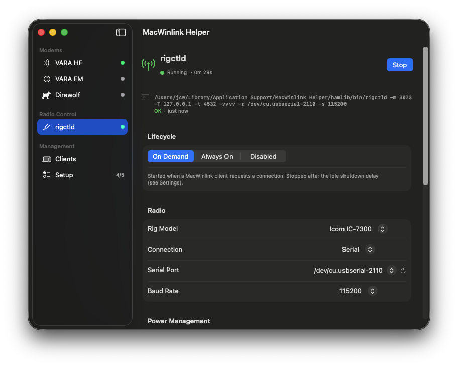 The MacWinlink Helper application showing the rigctld interface configuration.