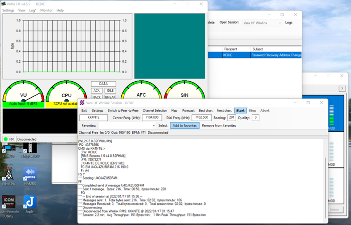 Desktop showing a Winlink success message after a VARA HF session.