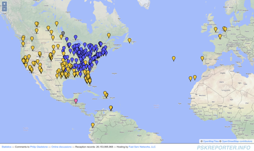 Map showing signals sent by KC8JC.