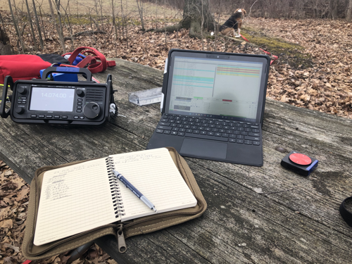 The Setup: IC-705, Surface Go 2, Generic Bluetooth GPS Puck, and Log Book