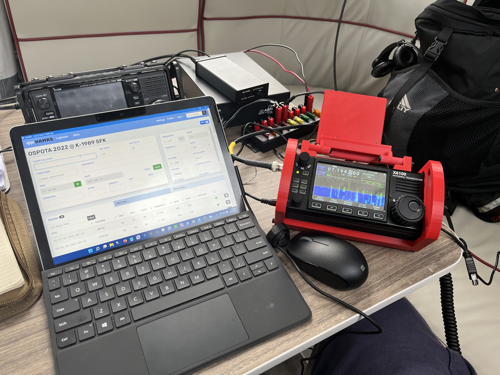 The Microsoft Surface GO 2, Powersupply, Powerpole distribution unit, and X6100 on a table.