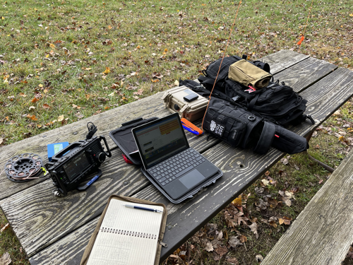 My gear on my usual picnic table.