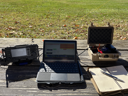 Here's the usual gear on the table pic: IC-705 next to the MS Surface Go 2 with my Pelican case and notebook.