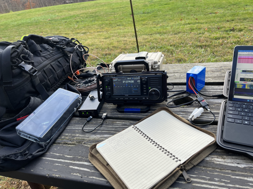 Backpack, tuner, IC-705, Pelican case, log, battery, and MS Surface GO 2 in action.