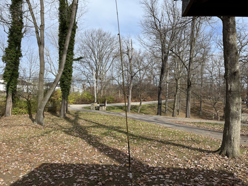 Vertical antenna set up outside the pavilion.