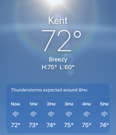 A picture of my phone’s weather app showing 72F and breezy.
