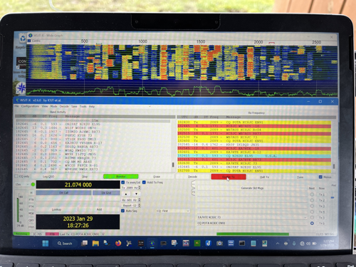 A screenshot of WSJT-X with the waterfall window above the main application window.