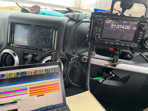 Microsoft Surface GO 2 and IC-705 inside of a Jeep Wrangler.