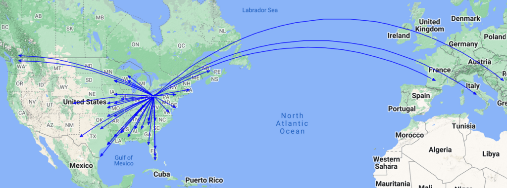 QSO Map of Freeze Your Acorns Off contacts made by KC8JC and AC8NT.