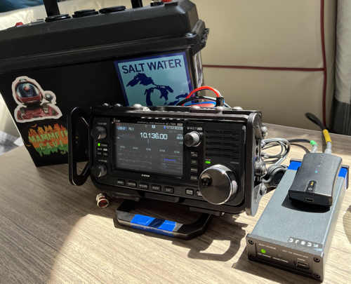 The IC-705, battery box, antenna tuner, and GPS module.