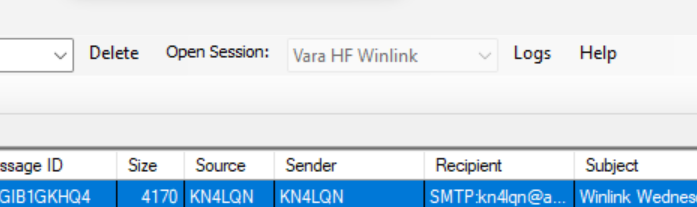 The main Winlink UI with the Open Session dropbox disabled leaving the user unable to select a new session type.