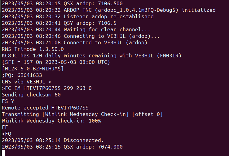 The terminal output of a successful sending of an email via ARDOP using Pat.
