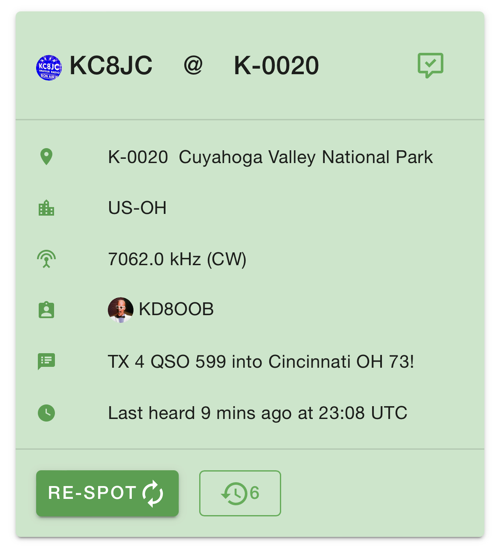 A POTA spot with the comment "TX 4 QSO 599 into Cincinnati OH 73!"