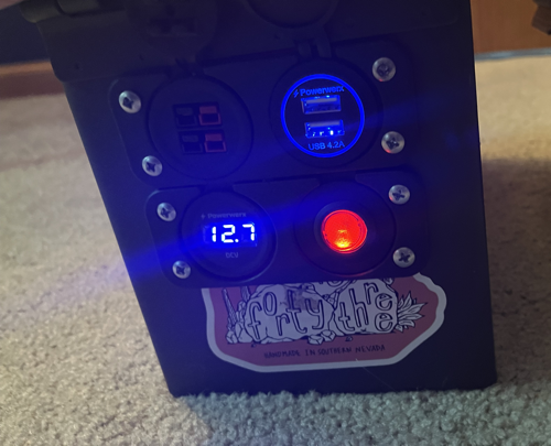 My DIY battery box showing the available ports as well as the voltage level.