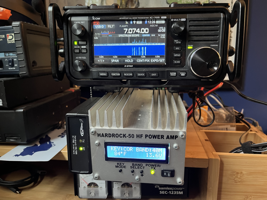 IC-705 on top of a Hardrock-50 amplifier.