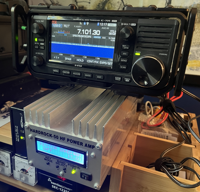 IC-705 sitting on top of a Hardrock-50 amplifier.