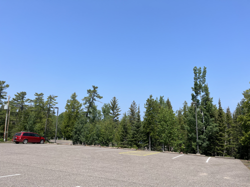 An empty parking lot at the Copper Harbor marina.