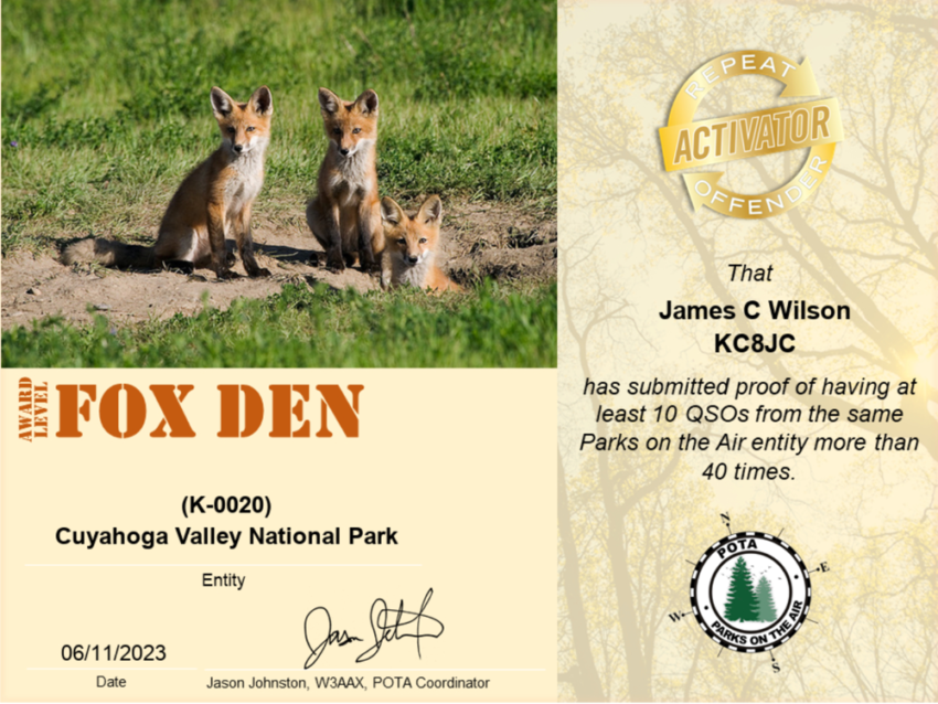 Fox Den Activation Award for KC8JC