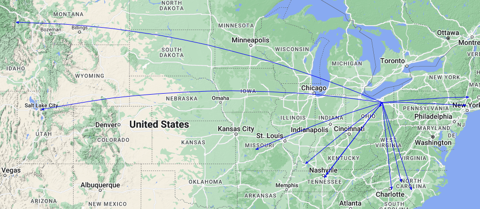 A QSO Map of the activation of K-0020 by KC8JC on 16-Jul-2023.