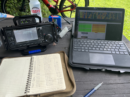 IC-705, log book, and Surface Go 2 on a picnic table.
