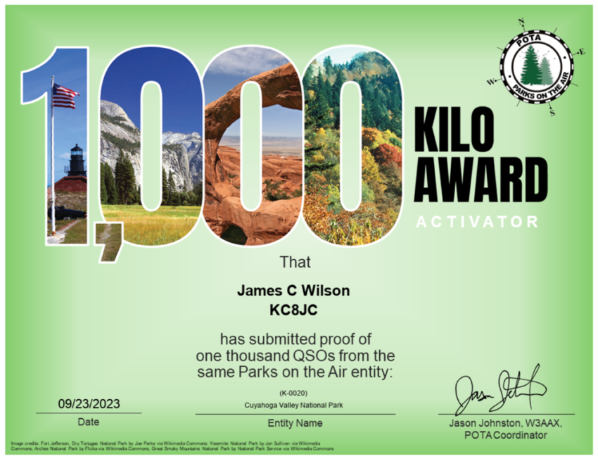 Kilo Award Granted to KC8JC for K-0020.