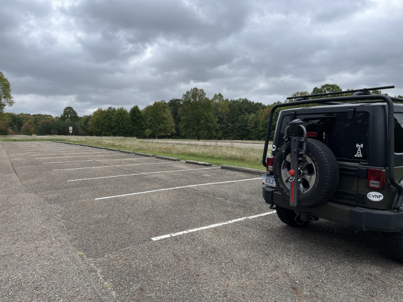 My lonely Jeep in an empty parking area that used to serve the picnic shelters which no longer exist.