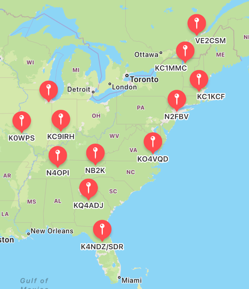 The PSK Reporter map showing stations that heard KC8JC.