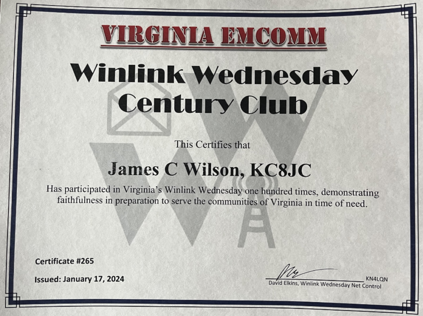 A certificate showing that KC8JC has 100 check-ins to the Winlink Wednesday Net.