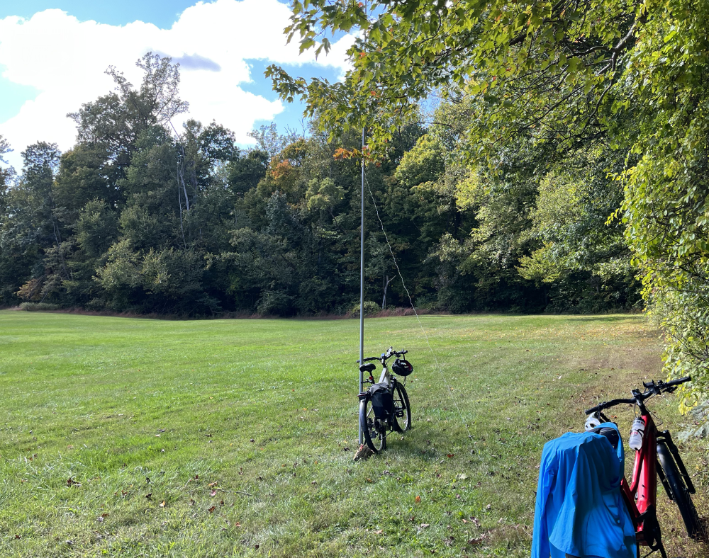 Mast attached to a bicycle holding up a wire antenna.