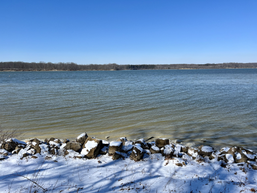Snowy beach near the reservoir at West Branch State Park.
