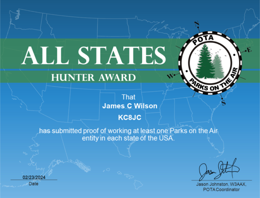 POTA Worked All States certificate for KC8JC