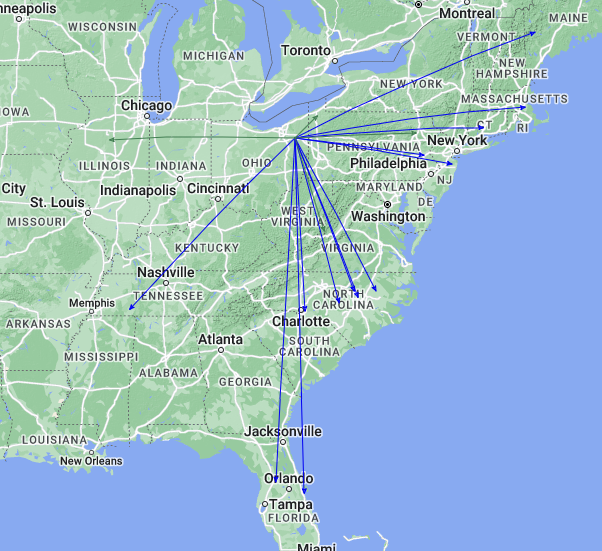 QSO Map of the activation of K-1999 by KC8JC on 11-Feb-2024.